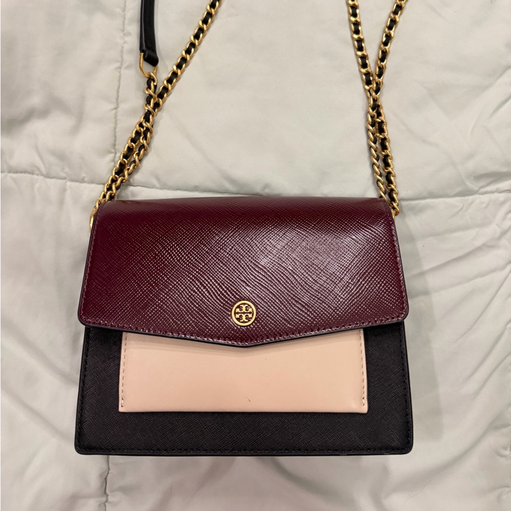TORY BURCH Burgundy and Black Chain Strap Bag